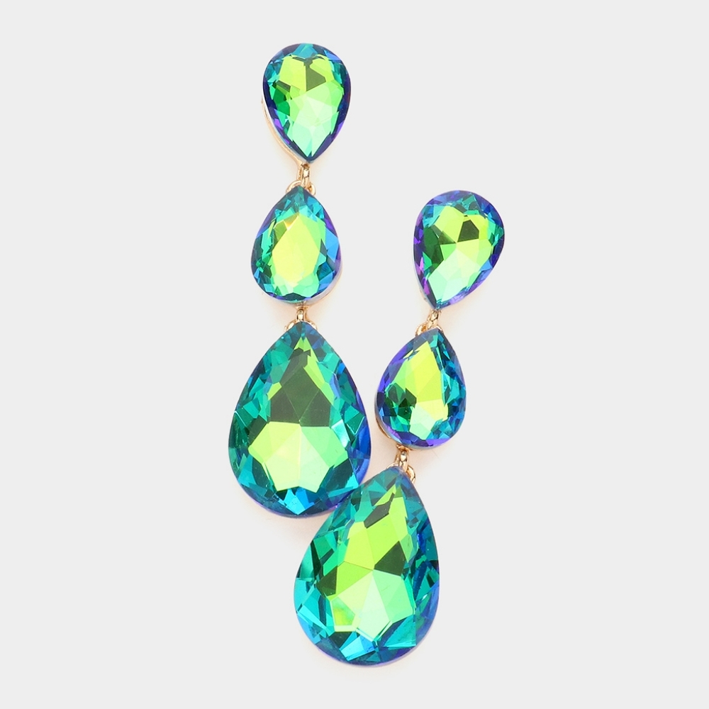 Green Dangle Crystal Earrings 2.75 Inch Triple Tear Drop Jewelry